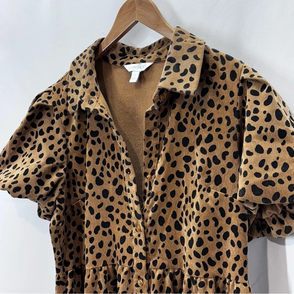 Animal Print Tiered Maxi Dress Corduroy Dress Puff Sleeves Small - Picture 6 of 13